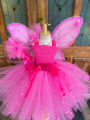 Girls Pink Glitter Tulle Dress Kids Butterfly Fairy Tutu Dresses with Wing and Stick Hairbow Children Halloween Cosplay Costume. 