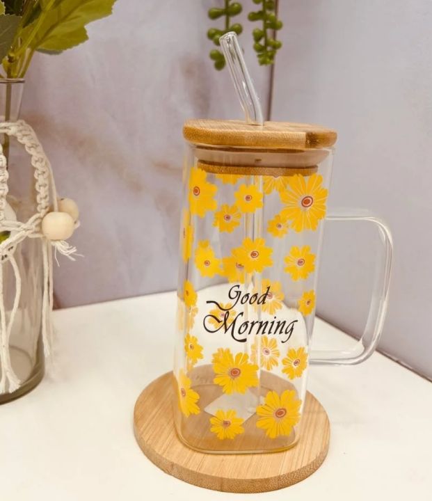 1 Glass Mug Flower Printed With Bamboo Lid & Sip 6363