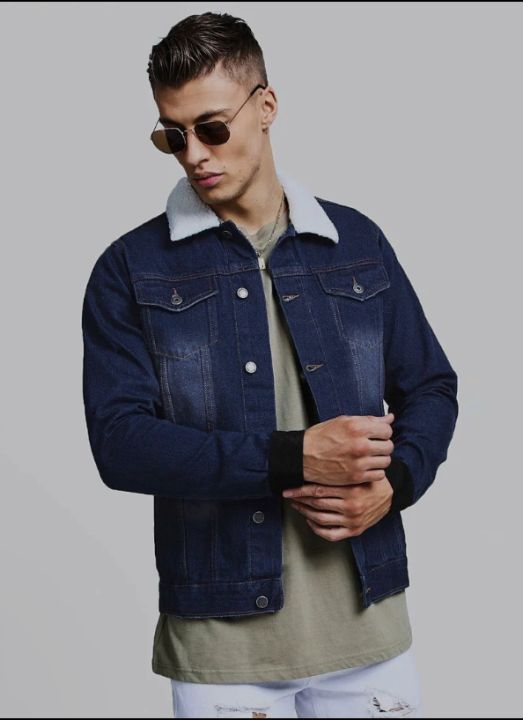 Stylish And Classy Fashionable Winter Furr Denim Jacket For Mens With White Collar