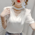 Women Summer Style Blouses Shirts Lady Fashion Casual Puff Short Sleeve O-Neck Solid Pearl Blouses Tops WY0227. 