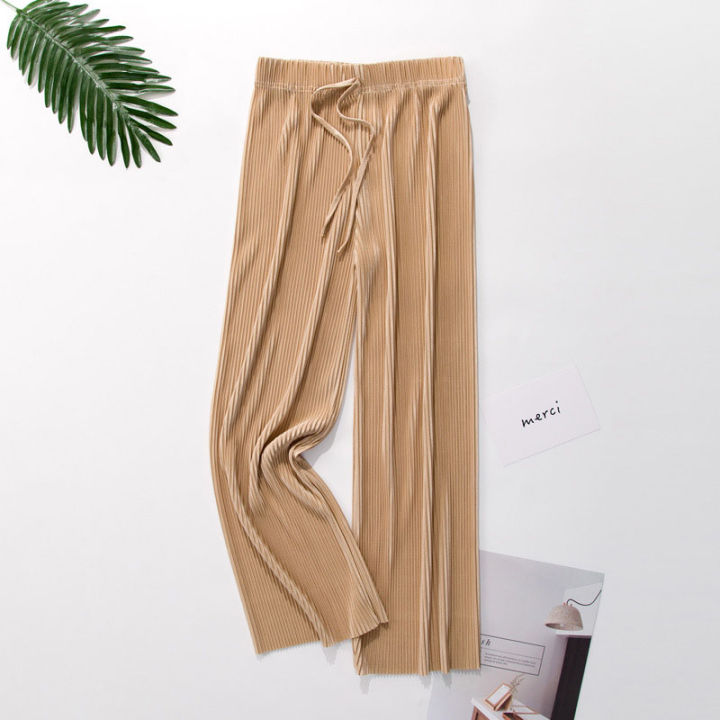Women's%20Ice%20Silk%20Pleated%20Pants%20Summer%20New%20Loose%20Thin%20Cool%20Breathable%20Straight%20Trousers%20Solid%20Color%20Elastic%20All-match%20Casual%20Pant%20-%20Image%205
