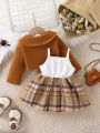 Baby Girl Plaid Tulle Skirt Dress & Cropped Jacket Set. 