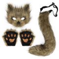 Fluffy Fur Fox Half Face Mask Foxes Tail Cat Paws Gloves and Wolf Therian Mask Set Halloween Cosplay Costume Accessories Party. 