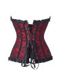 Women Gothic Floral Lace Overbust Corset, Sweetheart Strapless Bustier with Ruffle Trim Front Bow, Busk Closure Lace Up Back.