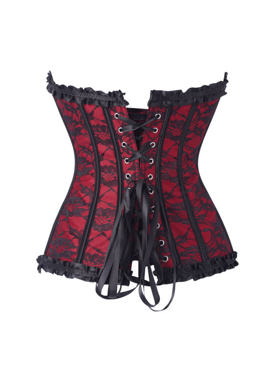 Women%20Gothic%20Floral%20Lace%20Overbust%20Corset,%20Sweetheart%20Strapless%20Bustier%20with%20Ruffle%20Trim%20Front%20Bow,%20Busk%20Closure%20Lace%20Up%20Back%20-%20Image%202