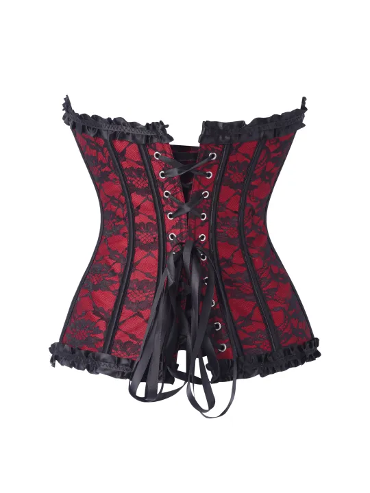 Women%20Gothic%20Floral%20Lace%20Overbust%20Corset,%20Sweetheart%20Strapless%20Bustier%20with%20Ruffle%20Trim%20Front%20Bow,%20Busk%20Closure%20Lace%20Up%20Back%20-%20Image%202