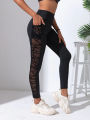 Side Mesh Yoga Women's Leggings Black Fabric Patchwork High Waist Soft Comfortable Gym Fitness Sportswear Long Pants. 