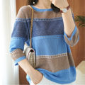 Women knitted Three Quarter Sleeve Sweater Female Striped Thin Hollow Out O-neck Pullover Ladies Loose Streetwear Tops.