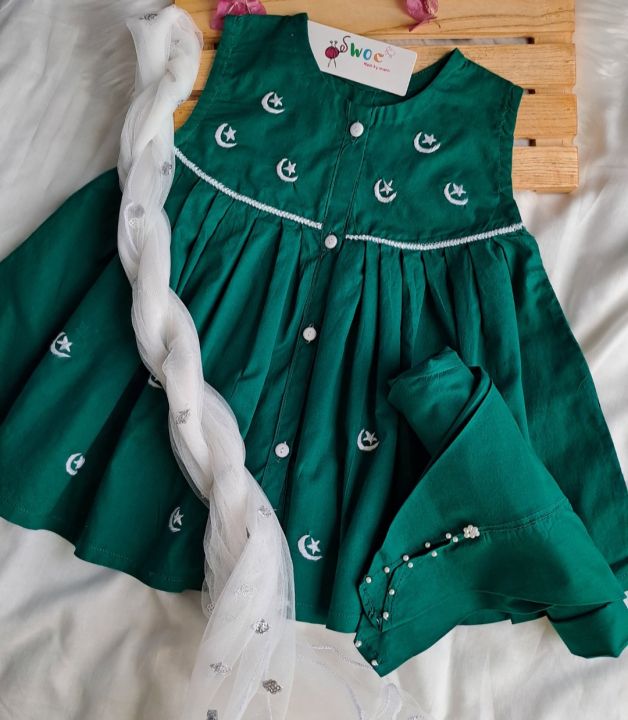 14 august dress Hand embroidered 2 piece set Green and white dress Independence Day dress summer cotton lawn dress for baby girls Daraz.pk