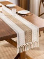 Boho Table Runner for Home Decor Macrame Cream & Brown Farmhouse Table Runner with Tassels for Bohemian Dining Bedroom Decor. 