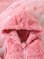 Three Piece Set of Fashionable and Casual Jacquard Love Plush Hooded Vest and Love Plush Top and Pants Set for Baby Girls.