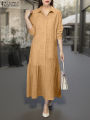 ZANZEA Cotton Casual Lace Dress Women Solid Sundress A-Line Mid-Calf Pleated Robe Summer 2025 Vintage Turn-Down-Collar Vestidos. 
