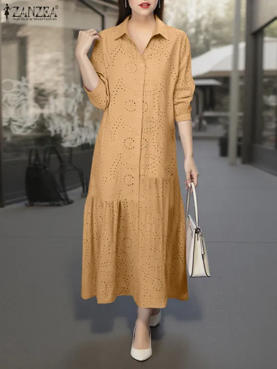 ZANZEA%20Cotton%20Casual%20Lace%20Dress%20Women%20Solid%20Sundress%20A-Line%20Mid-Calf%20Pleated%20Robe%20Summer%202025%20Vintage%20Turn-Down-Collar%20Vestidos%20-%20Image%204