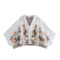 European And American Style Autumn New Women Clothing V-neck Loose Retro Heavy Embroidery Bat Shirt Top Skirt Street Style Suit. 