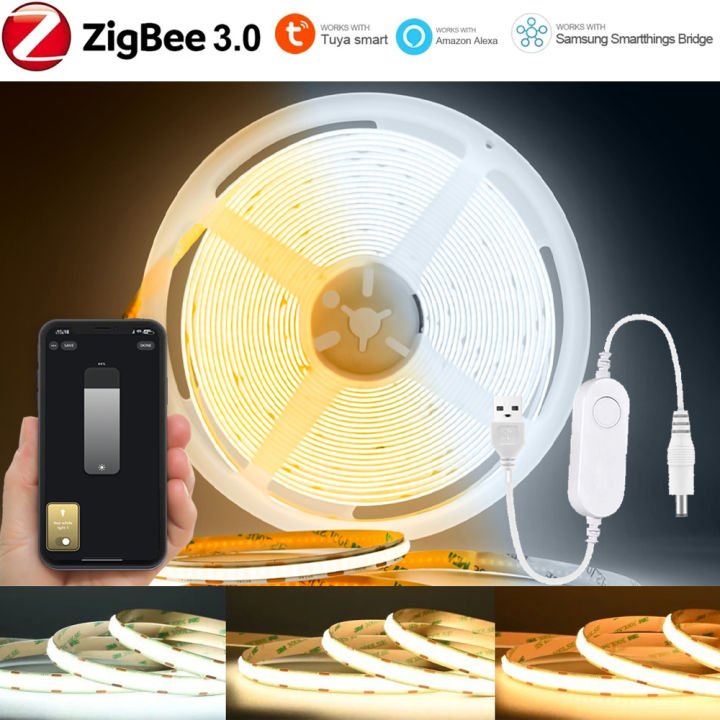 Tuya Zigbee 3.0 5V USB COB LED Strip Light 320leds/m Warm White Flexible Dimmable Lights Kitchen Bedroom Decor for Alexa
