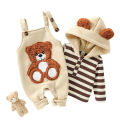 Baby Boy's Clothing Sets Fashionable Long Sleeve Striped Hooded Sweatshirt Embroidered Bear Overalls 2Pcs Outfits Cute Clothes. 