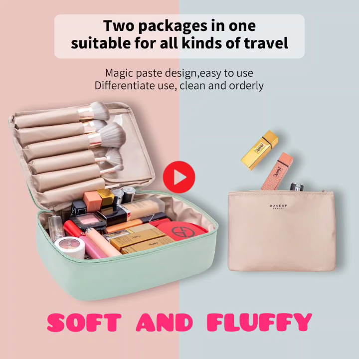 Waterproof Makeup Storage Bag with Pouch 2 in 1 | Makeup Brushes Bag & Toiletries Organizers with Full of Storage | Cosmetic Brush Kit | Make Up Bags Pouch with Zipper For Travelling | Multipurpose Traveling Cosmetic Bags for Women Beauty Bag