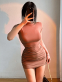 Sexy Tight Half High Collar Pleated Waist Mini Dress Spicy Girls Slim Dresses Bodycon Women Vestidos Cortos Party Mujer Clothing. 
