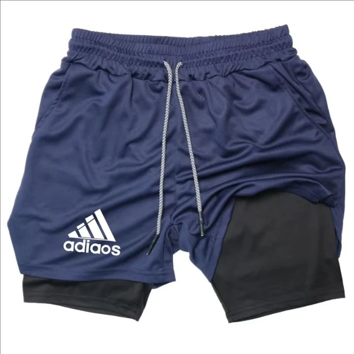 2-in-1 running shorts, suitable for men's fitness leggings, with phone pocket and simple letter print for summer sports pants