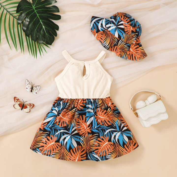 2Pcs%20Summer%20Baby%20girl%20Dress%20Maple%20leaves%20Bow%20Dress+Hat%20Set%200-3%20Year%20Old%20Baby%20Girl%20Summer%20Beach%20Vacation%20Casual%20Dress%20-%20Image%202