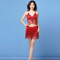 Belly Dance Top Bra Belt Set Latin Sequin Fringe Halter Hip Skirt Party Costume 4 Layer Tassel Stage Performance Cloth Wear.