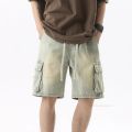 Summer Retro Fashion Denim Shorts for Men Loose Straight Leg Multi-pocket Short Jeans With Elastic Waist and Drawstring Male.