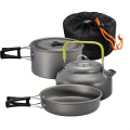 Outdoor camping cookware set made of aluminum alloy material not easy to stick to the pot nested packaging convenient to carry.