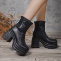 Women New Fashion Short Boots Women  Leather Boot Square toe casual Zipper high heels Casual thick soled women shoes Zapatos. 