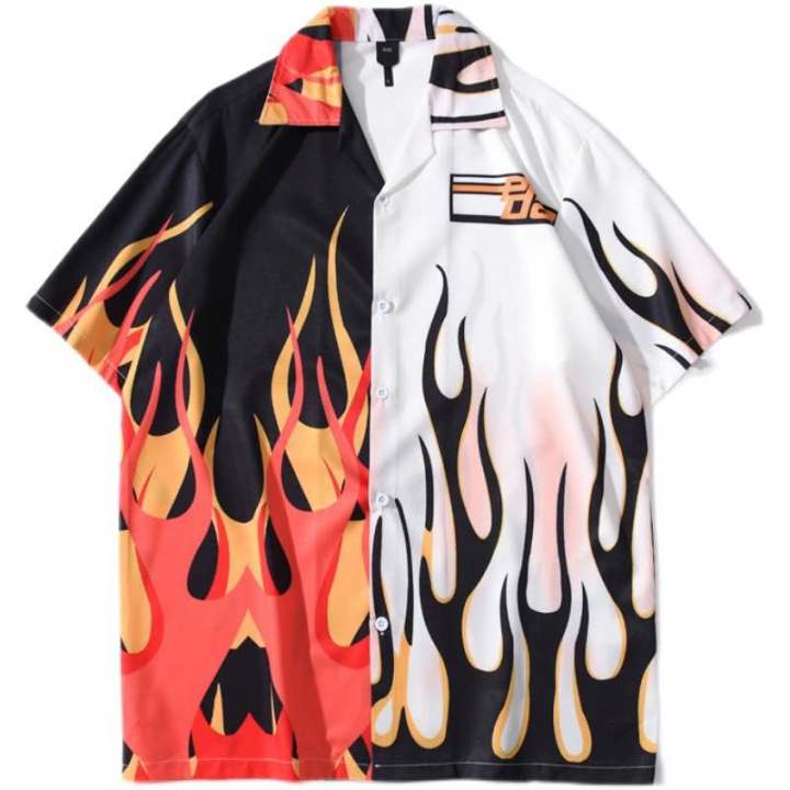 Flame Print Pattern Short Sleeve Casual Loose Fit Shirt For Men - Multicolor | Fashion Printed Shirt For Men