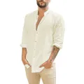 Cotton Linen Hot Sale Men's Long-Sleeved Shirts Summer Solid Color  Stand-Up Collar Casual Beach Style Plus Size. 