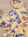 Summer girls conservative commute less sook flower print lace camisole yellow square collar pleated elastic romper. 