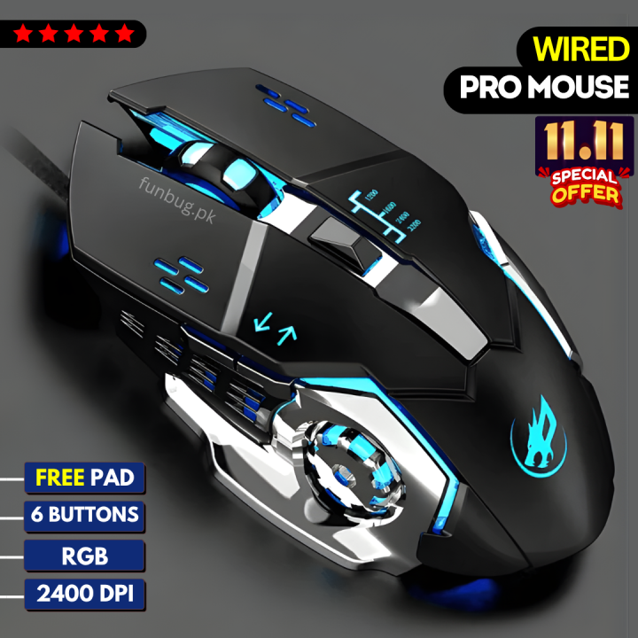 PRO Wired Gaming Mouse RGB with 3200dpi - Breathing LED USB Wired Optical Computer Mouse with 6 Buttons & Braided Wire including Side Buttons - Mouse with FREE Mouse Pad for laptop, PC, Gaming & Office Use by FunBug