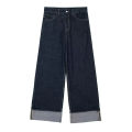 HH Women Fashion Denim Set Casual Lapel Long Sleeve Crop Jacket Buttons Female Vintage Wide Leg Loose Jeans Long Pants.