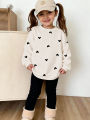 Girls' Heart Print Sweatshirt Set Beige Long-Sleeve Top + Black Leggings 2-Piece Casual Kids Outfit. 