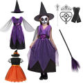 Kids Witch Halloween Costume Witch Cosplay Dress and Magic Hat Set Carnival Party Clothes for Girls Gothic Vampire Costume.
