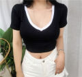 Patchwork Colors Deep V Neck Sexy Crop Top Women Summer New Short Sleeve Women's T-shirt Y2k Clothes Skinny Casual Tops Korean. 