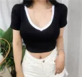 Patchwork Colors Deep V Neck Sexy Crop Top Women Summer New Short Sleeve Women's T-shirt Y2k Clothes Skinny Casual Tops Korean. 