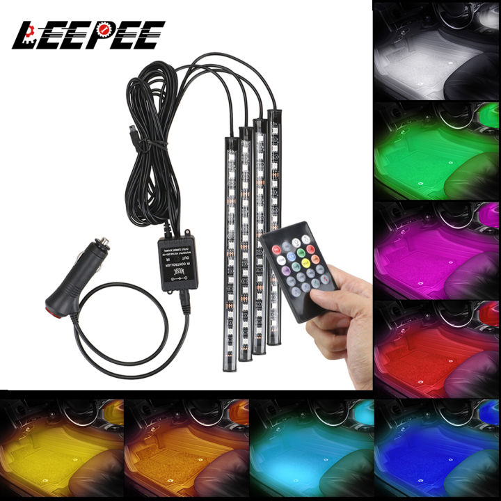RGB LED Car Interior Floor Decorative Strip Lights – 4-Piece Kit With RF Remote