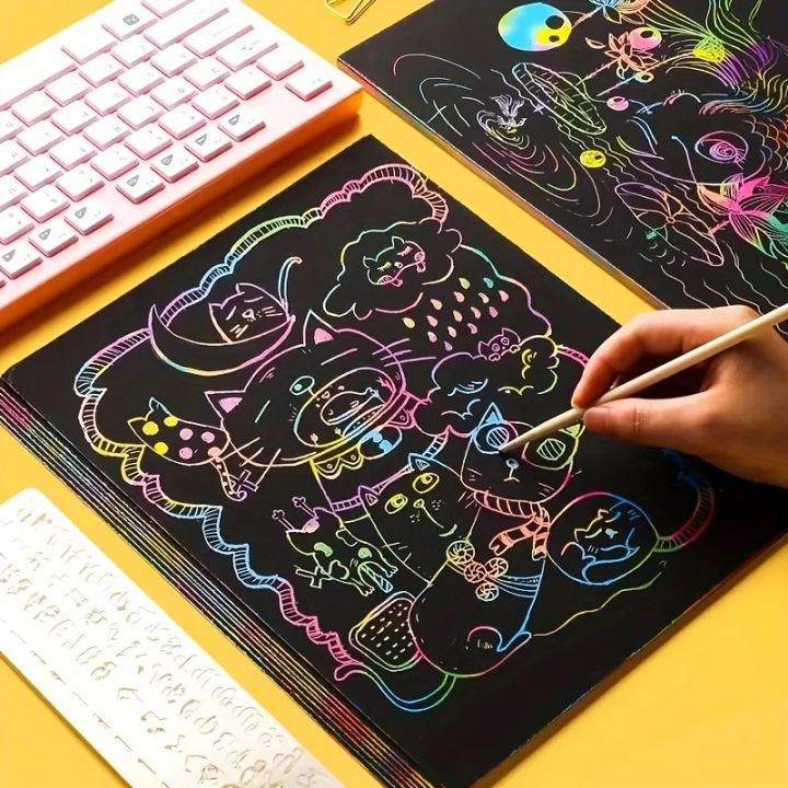 50%20pcs%20Scratch%20Paper%20Kids%20Rainbow%20Magic%20Scratch%20Off%20Paper%20Sheets%20Art%20Craft%20Kit%20Black%20Note%20Paper%20Drawing%20Pads%20with%20Stencils%20-%20Image%205