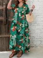 Women's Plus Size Boho Tropical Print V-Neck Dress with Ruched Chest & Short Sleeves Spring Summer Vacations Cute Dresses.