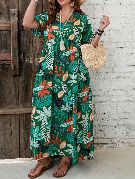 Women's%20Plus%20Size%20Boho%20Tropical%20Print%20V-Neck%20Dress%20with%20Ruched%20Chest%20&%20Short%20Sleeves%20Spring%20Summer%20Vacations%20Cute%20Dresses%20-%20Image%205