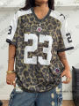 Summer New Leopard No. 23 Print T-Shirt For Women V-Neck Patchwork Short Sleeve Sports Football Jersey Y2K Loose Oversized Tops.