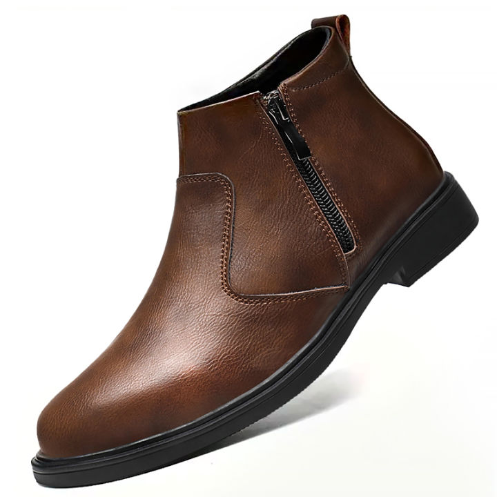 Autumn and Winter New High-Top Leather Shoes for Men, Zippered Leather Boots, Fashionable Versatile Business Casual Shoes, Men's Formal Shoes, Chelsea Boots
