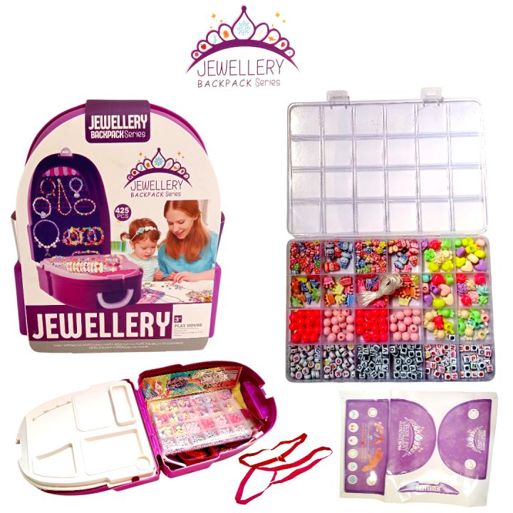 Jewellery Backpack Playset for Girls - DIY Beads Bracelet & Necklace Making Kit - Portable Pretend Play Jewelry Toy for Kids Age 3+ - Girls Jewellery Making Kit with Beads - Jewelry Kit for Kids 3+ - Gift Toy for Girls - Backpack Toy Set