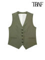 TRAF Women Fashion Front Button Linen Waistcoat Vintage V Neck Sleeveless Female Outerwear Chic Vest Tops. 