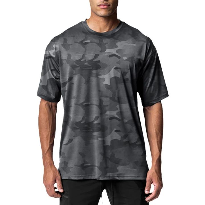 Camouflage Running T-shirts Mens Oversized Half Sleeve Dropped Shoulder Loose Fitness T Shirt Summer Gym Bodybuilding Tops Tees