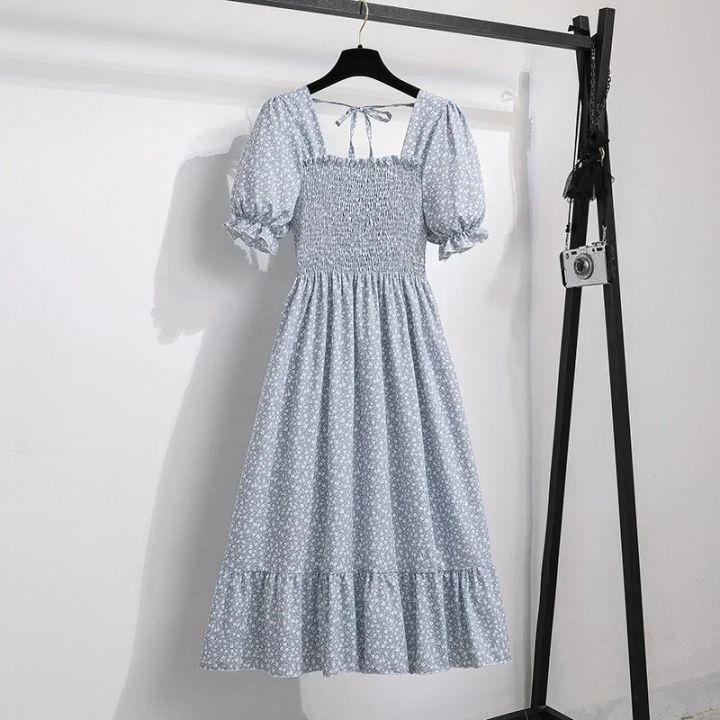 Spring%20Summer%20Chiffon%20Dresses%20Fashion%20Female%20Elastic%20Waist%20Short%20Sleeve%20Pleated%20Casual%20Dress%20Women%20A-line%20Dresses%20Vestidos%20-%20Image%204