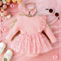 2PCS Autumn 0-1 Year Old Girl Baby Sweet And Cute Round Collar, Pit Strip, Flower Skirt, Long-Sleeved Suit + Bow Hair Band. 
