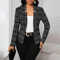 Women's Elegant Plaid Open Front Blazer | Office Wear Long Sleeve Notched Lapel Jacket.
