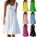 Summer Simple Pure Color Bohemian Round Neck Vest Skirt Classic Basic Daily Outdoor Dress Up Loose Pleated Midi Dress. 